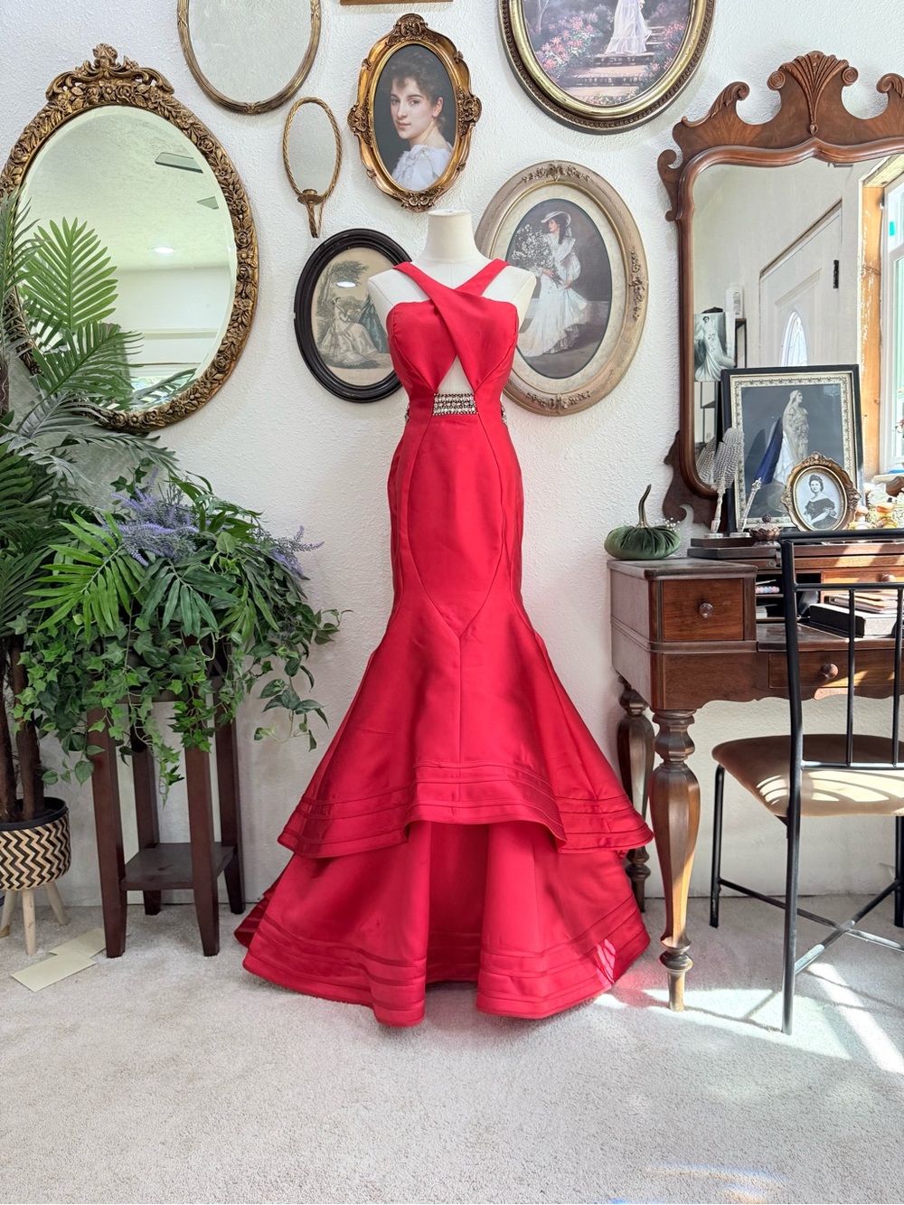 Rachel Allan Red Crisscross Mermaid Prom Gown